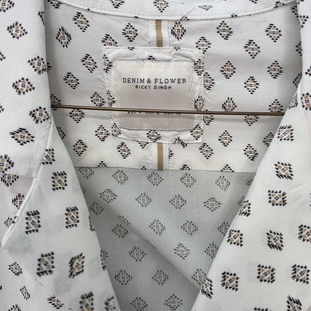 Denim & Flower White Shirt with Geometric Accents